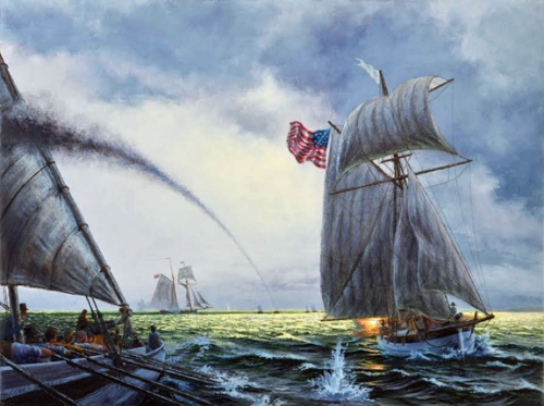 "U.S. Gunboat Scorpion in the Battle of Cedar Point, 1814" original oil painting Peter Rindlisbacher